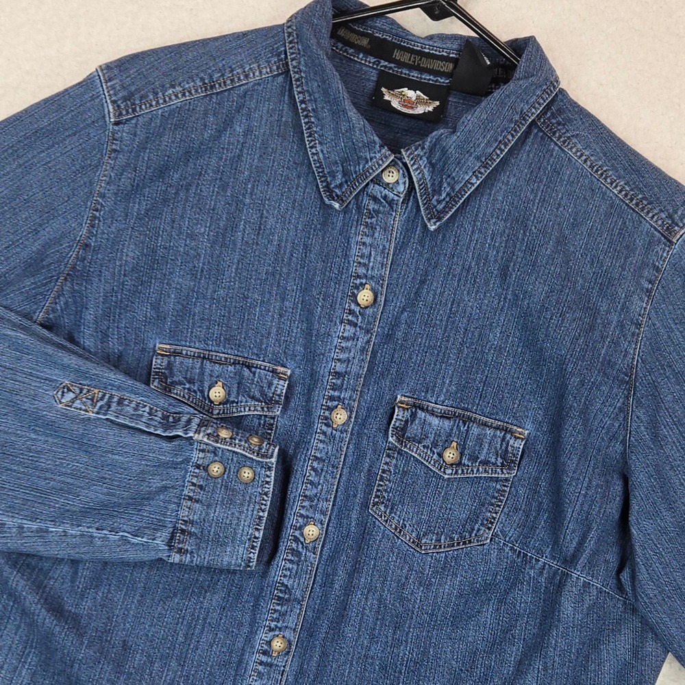 Harley Davidson Denim Shirt 1W Plus Blue Snap Collar Biker Y2K Moto Vintage